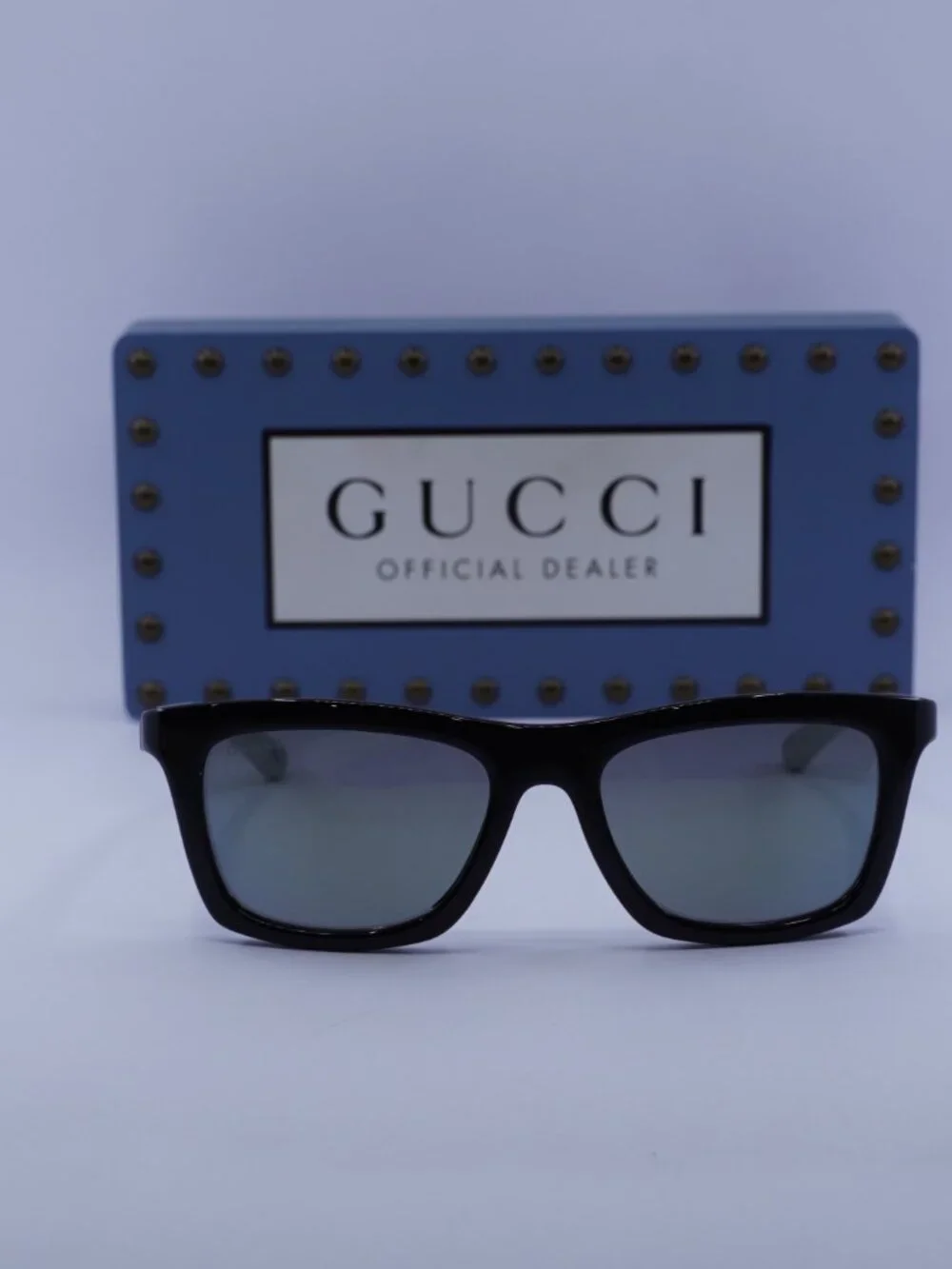 Gucci GG1735S 002 Rectangle Sunglasses - Black/White \ Blue Mirror